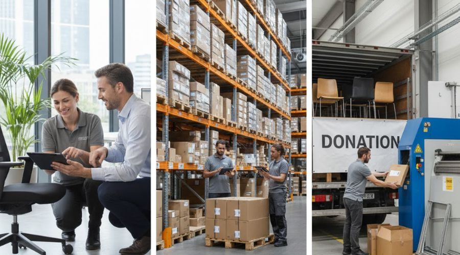 Un conseiller Vestalis avec un client, un entrepôt de mobilier, un camion de dons